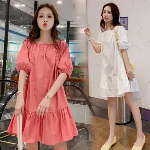812# Maternity Dress Summer Cotton O Neck Solid Color Short Sleeve Loose Stylish Dress for Pregnant Women Mom Dress