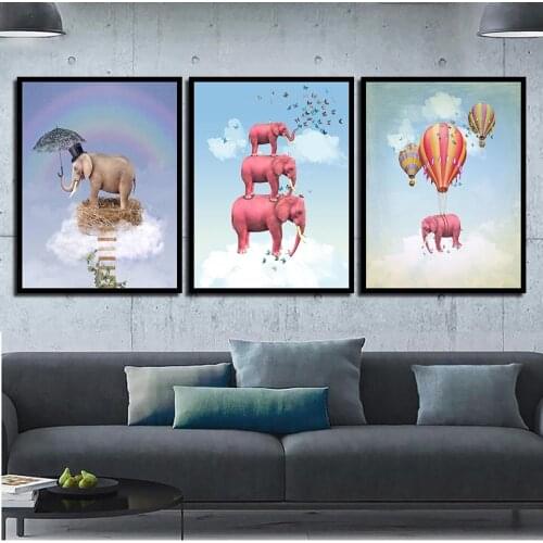 Watercolor Style Pictures Abstract Animal Poster Nordic Pink Elephant Painting Prints Wall Art Canvas Kids Bedroom Home Decor