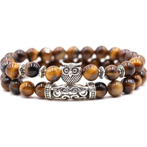 Trendy 8mm Natural 18 colors stone bead Bracelets Bangle Zinc Alloy Owl metal tube bracelet for Men&Women DIY classic Jewelry
