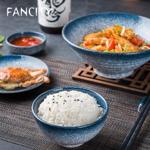 FANCITY Tableware One-person Eater Japanese Ceramic Bowls and Chopsticks Plates Creative Retro Plates Eating Bowls Plates Sets