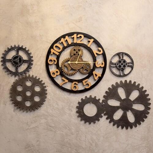 Creative Large Wall Clock Vintage Wood Wall Watch Gear Clocks Industrial Wind Hanging Tables Metal Wall Decorations Living Room