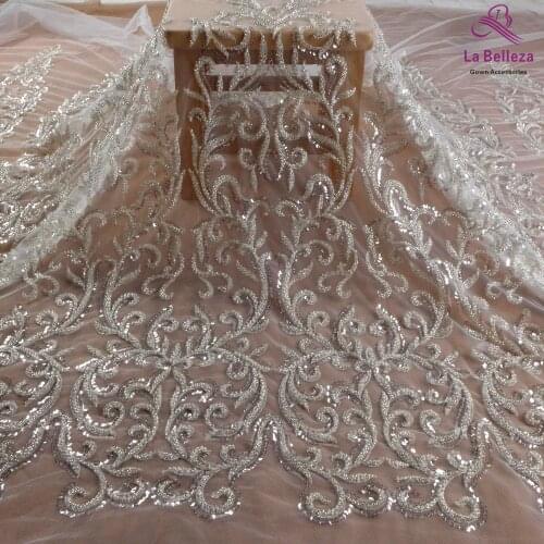 La Belleza 2021 fashion bridal lace,long patterns lace fabric,Silver ivory beading wedding dress lace fabric 43'' width 1 yard