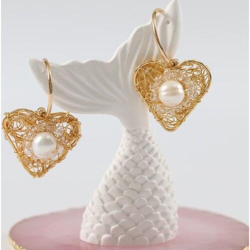 LANFLORA fashion Crystal handmade women earrings Freshwater Pearl earrings copper alloy heart earrings free shipping