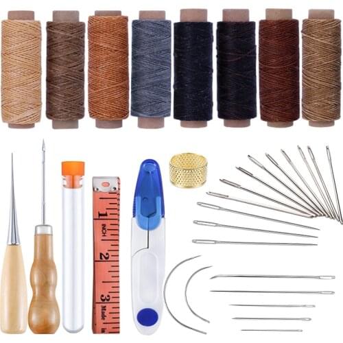 LMDZ 12/33pcs Leather Sewing Tools Kit Hand Stitching Needles Awl Thimble Waxed Thread Set for DIY Leather Craft Repair Tools