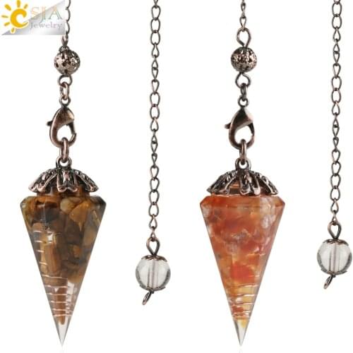 CSJA Reiki Natural Chip Stone Pendulum Antique Copper Chain Hexagon Cone Resin Pendant for Dowsing Divination Wicca Pendule G321