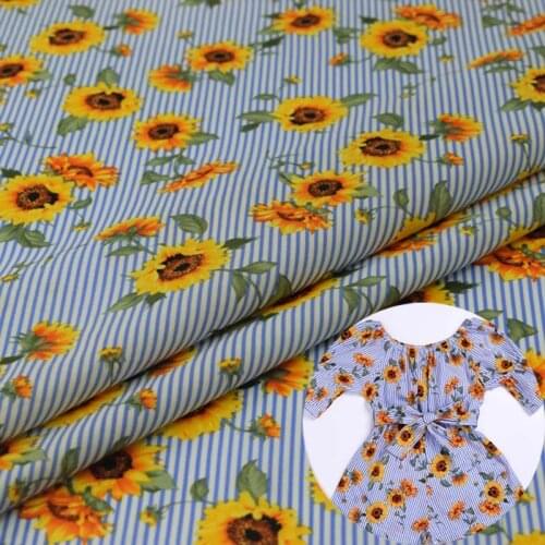 Sky blue Stripe sunflower print pure cotton fabric for dress shirt ткань хлопок ткани tissu bazin riche getzner tissus фатин DIY