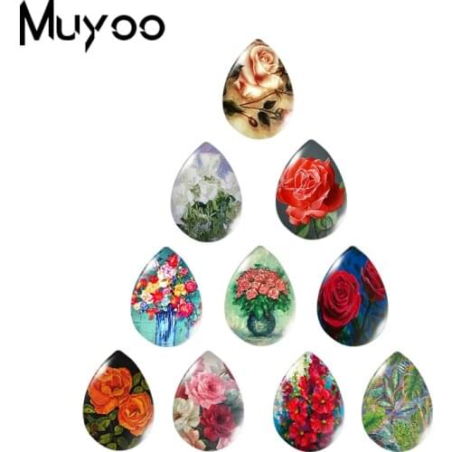 2020 New Rose Oil Painting Tear Drop Glass Cabochon Love in the Dark Red Roses Handmade Photo Jewelry DIY Accessories