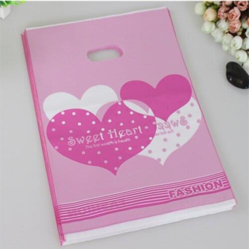 New Design Wholesale 100pcs/lot 25*35cm Hot Pink Sweet Heart Large Plastic Shopping Bags Birthday Gift Packaging Bags