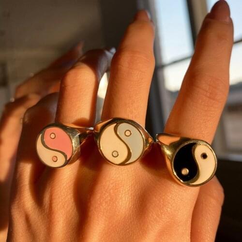 Punk Trendy Love Heart Yin Yang Rings For Women Gold Color Enamel Colorful Flowers Clouds Couple Love Rings Jewelry Gift