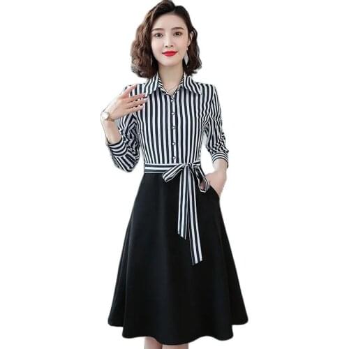 Spring and autumn dress, black and white stripe dress, ladys temperament dress, slim waist, black suit dress