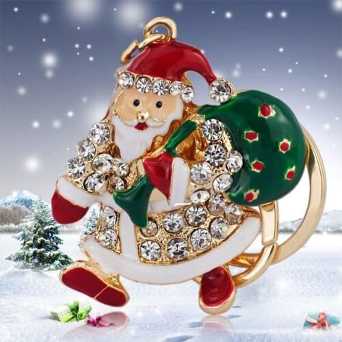 Christmas Santa Claus Keychain Crystal Rhinestone HandBag Pendant Chic Key Ring Jewelry Keys Chains Holder New Year Gift