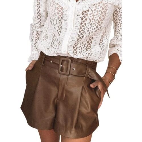 Spring Autumn Women High Waist Belted Faux Leather Shorts 2021 Fashion Ladies Club Sreetwear Elegant Straight Shorts