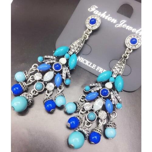 YaYi Jewelry Fashion BOHO Blue Glass Crystal Rhinestone Dangle Women Ancient Gold Color Wear Ear Band Long Tassel Earrings