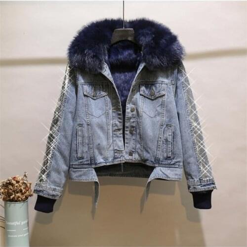 Winter Warm Jean Jacket Women Street Fashion Sequins Diamond Short Plus Velvet Denim Jacket Detachable Liner Cotton Coat Y726