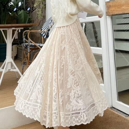 Vintage White Black Lace Midi Skirts Female Summer Embroidery Mesh Long Saia 2021 WomenS Elegant Boho High Waist Pleated Skirt