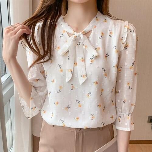 2021 Summer Lace Up Sweet Chiffon Shirt Printed Womens Korean Top Shirts Bow Blouses Blusas Female Three Quarter Elegant 0614
