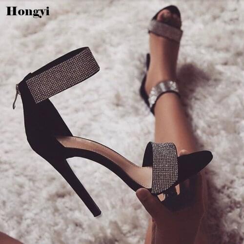 Women Thin Heeled Sandals Bandage Rhinestone Ankle Strap Pumps Super High Heels 11.5 CM Lady Crystal Summer Shoes