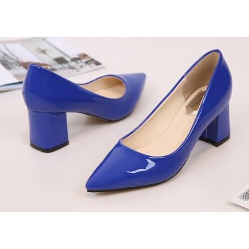 Sexy Blue Sliver Woman High Heels Square Heels Party Wedding Shoes Patent Leather Womens Pumps Shoes Plus Size 40-46 DB0048
