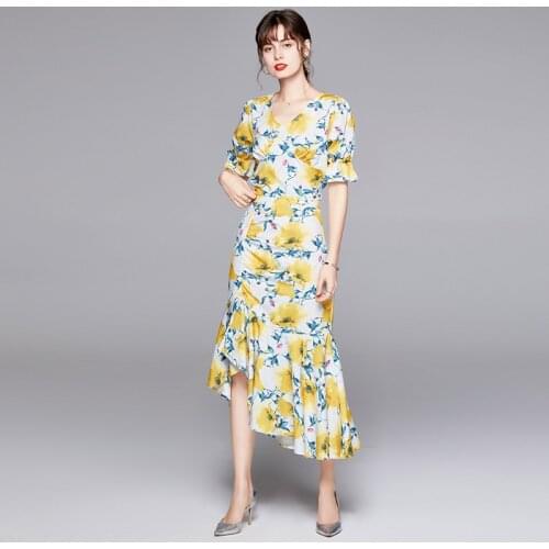 Women Summer Designer Elegant Print Two Piece Sets Female V Neck Bow Short Top + Fashion Bodycon Irregular Fishtail Skirt Sets