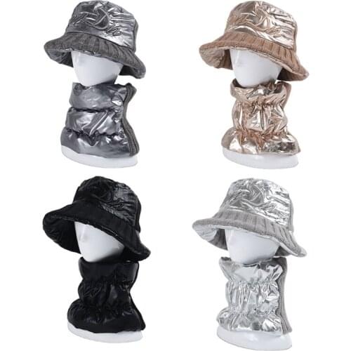 Women Men Winter 2 Pieces Bucket Circle Scarf Set Shiny Metallic Knitted Letters Embroidery Fisherman Cap Thick Plush Lined Nec