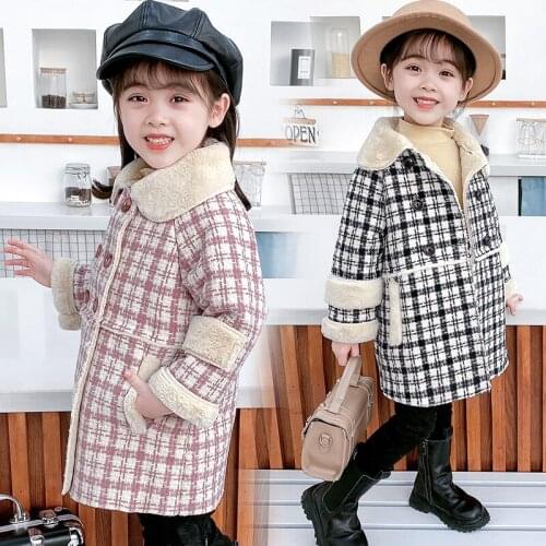 Baby girls' winter jacket Checkered thick woolen coat 2-9 years Double breasted plush lining toddler girl winter clothes