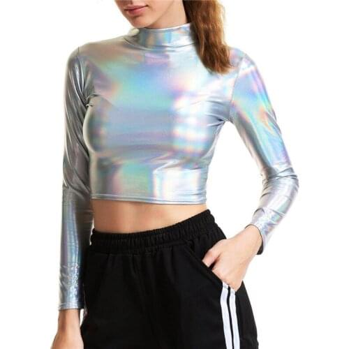 2021 Women Punk Turtleneck Long Sleeve Crop Top Holographic T Shirt Rave Club Dance Mock NeckLiquid Metallic Cropped Tops Shirt
