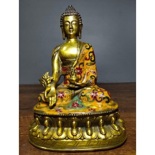 9" Tibet Buddhism Old Bronze Cloisonne Enamel Shakyamuni Medicine Buddha Buddha statue Amitabha Enshrine the Buddha