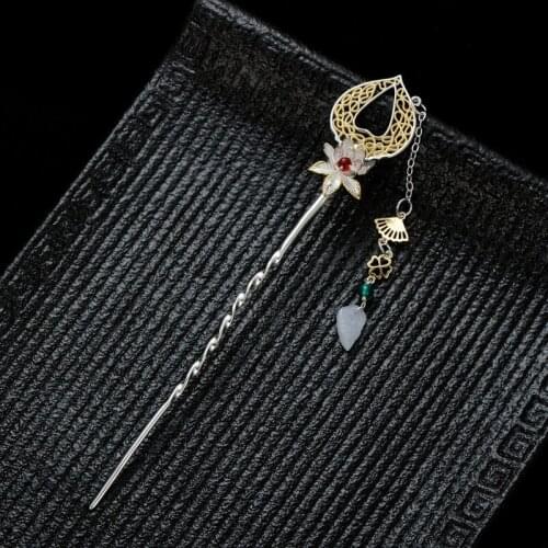 925 Sterling Silver Hair Stick Jade Flower Tassel Hair Accessories Step Shake Luxury Jewelry Chinese Ancient
