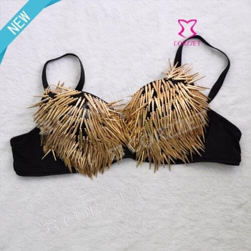 Free Shipping Gold Sexy Punk Goth Metallic Long Spike Rivet Stud Push Up Bra Bralet Party Club Dance Wear B Cup For Women Ladies