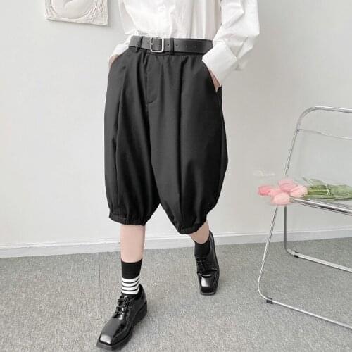 Large summer hem design loose wide leg mid length pants fashion mens Japanese minority low crotch harem Capris