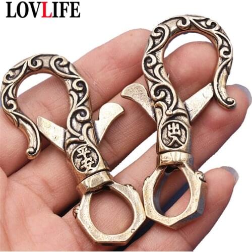 Peace Blessing Keychain Vintage Handmade Pure Brass Pattern Elephant Nose Key Chain Car Keyring Hanging DIY Waist Buckle Jewelry