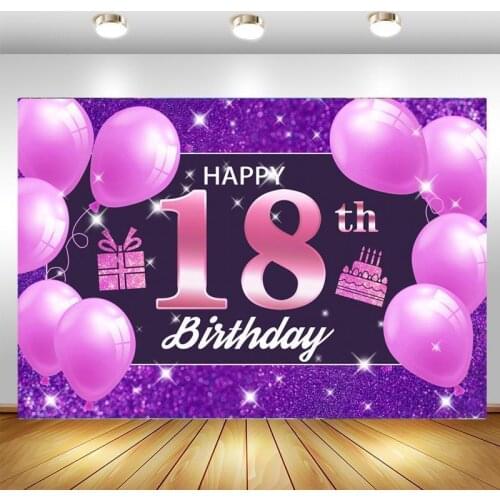 18th Photography Backdrop Purple Balloon Girls Happy Birthday Party Photo Background Decor Banner Studio Prop