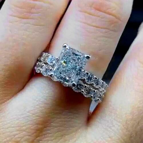 Huitan Modern Womens Rings with Rectangle/Round Cubic Zirconia Female Wedding Ceremony Party Ring Silver Color Luxury Jewelry