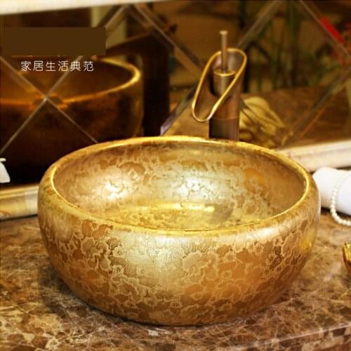 Handmade China Artistic Art wash basin Ceramic Counter Top Wash Basin Bathroom Sinks Golden Flower pattern