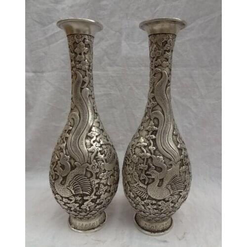 Song voge gem S3001 13" Chinese Silver Collect Buddhism Phoenix Statue Brass Peacock Vase Pot Pair