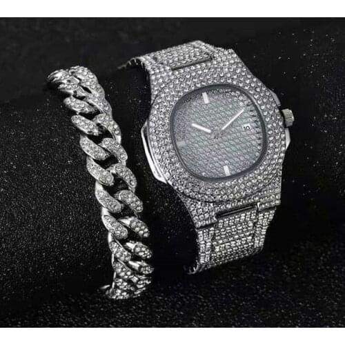 Iced Out Cuban Chain Bracelet Watch for Men Iced Out Watch Jewelry Set for Men Hip Hop Gold Diamond Mens Watch Womans Watch