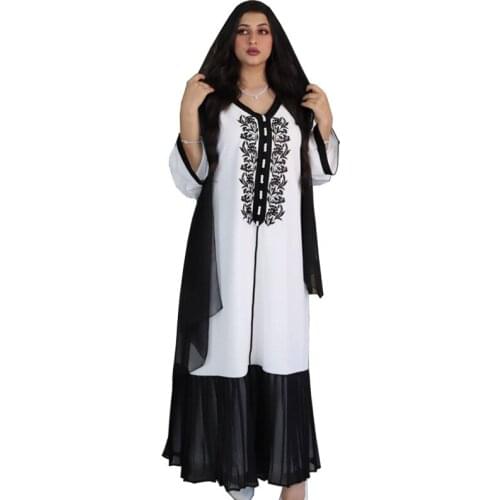 MCK Wholesale Clothing Dubai Muslim Black White Embroidery Long Kaftan Chiffon Islamic Moroccon Middle East Women Dresses