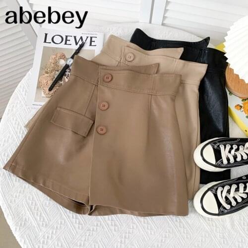 Fashion solid PU leather Shorts irregular design single breasted high waist short casual wide leg Shorts 2021 New Spring Autumn