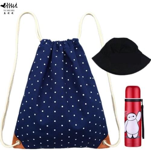 Fashion White Dots Backpack Women Lady Canvas Drawstring Bag Blue Backpacks Shopping Sack Travel Lightweight Bags free shipping