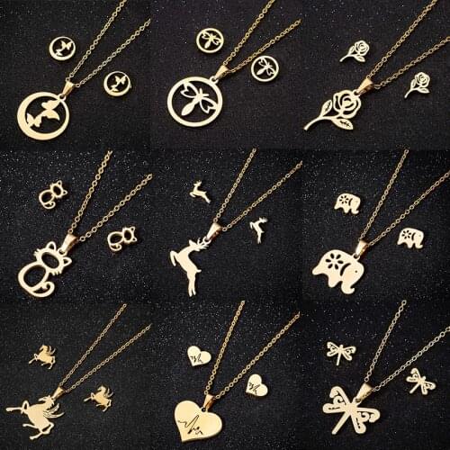 New Animal Flower Butterfly Stainless Steel Pendant Necklace Sets For Women Gold Color Chain Necklace Earrings Jewelry Gifts