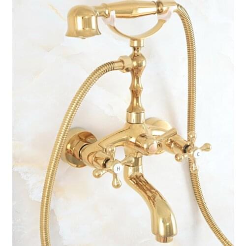 Polished Gold Bathtub Shower Faucets Set Dual Knobs Mixer Tap Wall Mounted Bath Shower Set Swivel Tub Spout Bath Shower zna802