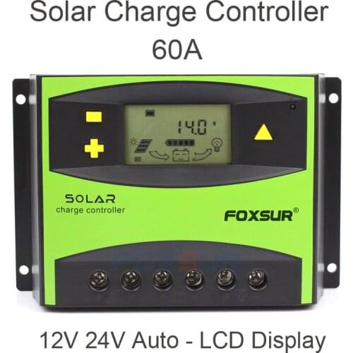 FOXSUR PV Solar Charge Controller 50A 60A PWM 12V 24V Auto Solar Panel Charging Discharge Regulator with Large Power Heat sink