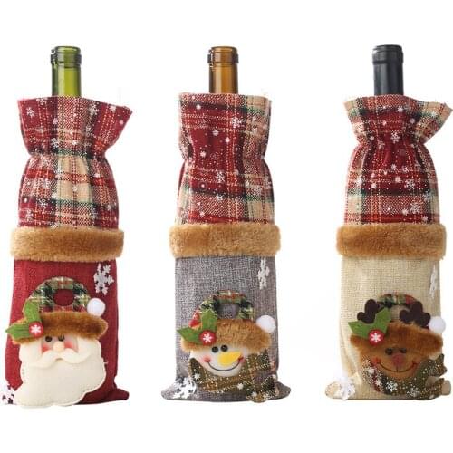 Christmas Decoration Plaid Burlap Wine Bottle Cover Bags Decor Home Party Xmas Elk Clothes Noel Christmas Decoration Navidad