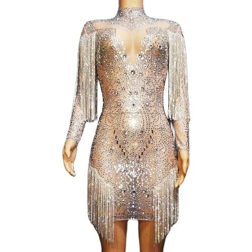 Rhinestones Mesh Gauze Fringes Mini Dresses Turtleneck Perspective Party Dress For Women Nightclub Dance Show Wear Stage Outfit