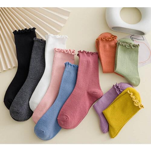 Candy Color Spring Women Socks Harajuku Frilly Ruffle Cotton Socks For Women Soft Breathable Summer Crew Socks Kawaii Happy Sock