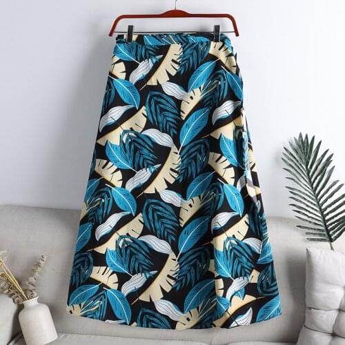 Elastic High Waist Skirt Leaf Printed Folk-custom Middle Length Retro Thin All-match Crimping Vintage Women Skirts DS199