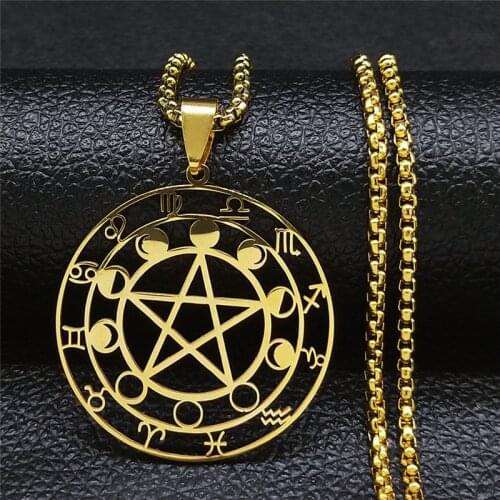 Witchcraft Divination Pentagram Moon Stainless Steel Chain Necklaces Women/Men Gold Color Necklace Jewelry pendentifs N1194S02