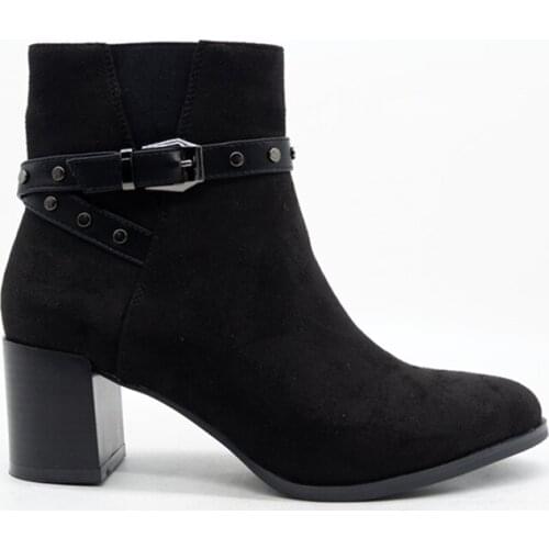 Women vintage black suede metal buckles makings belt bottom thick waterproof thick boots round head high heels