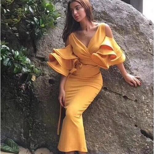 New Fashion Sexy Bandage Dress Rayon Evening Party Dress Women Bodycon Sets One-shoulder Ruffles Decorations Knee Length Dress