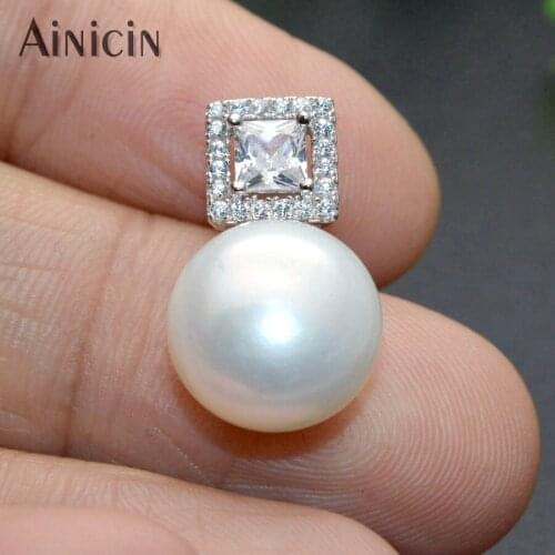 11mm Big Size Natural Freshwater Pearl Zircon Stone Setting S925 Sterling Silver Necklace Pendants Fashion Women Jewelry Gift